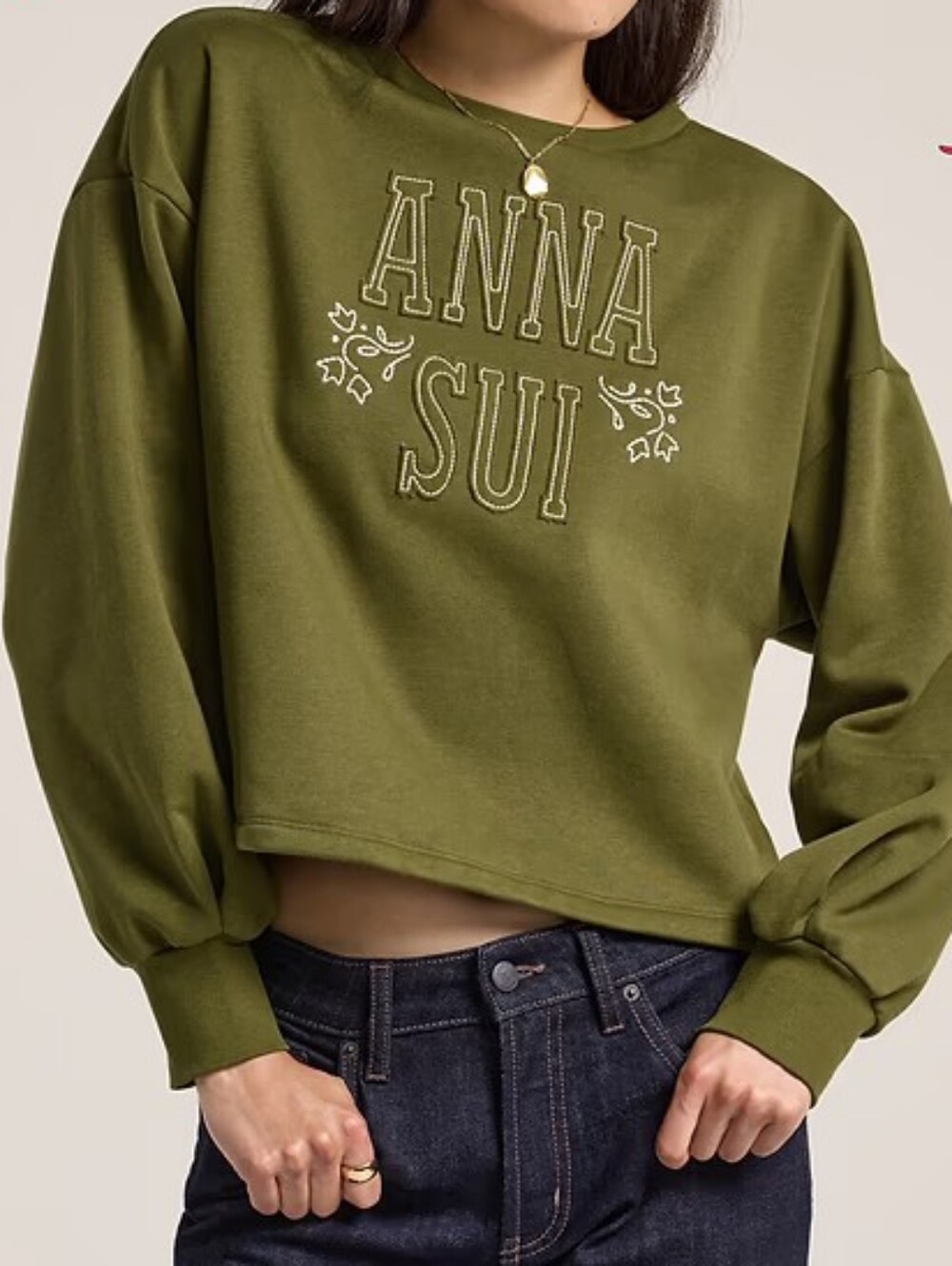 Old Navy x Anna Sui Crew Neck Graphic Fleece Sweatshirt in Avocado Oil S New